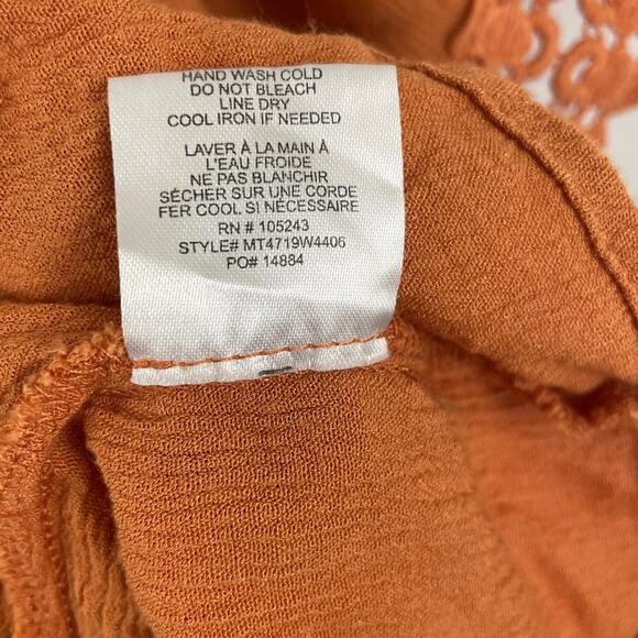 Bobeau Large L Orange Blouse Embroidered Top Lace Trim Casual Loose Boho Casual - Picture 6 of 6